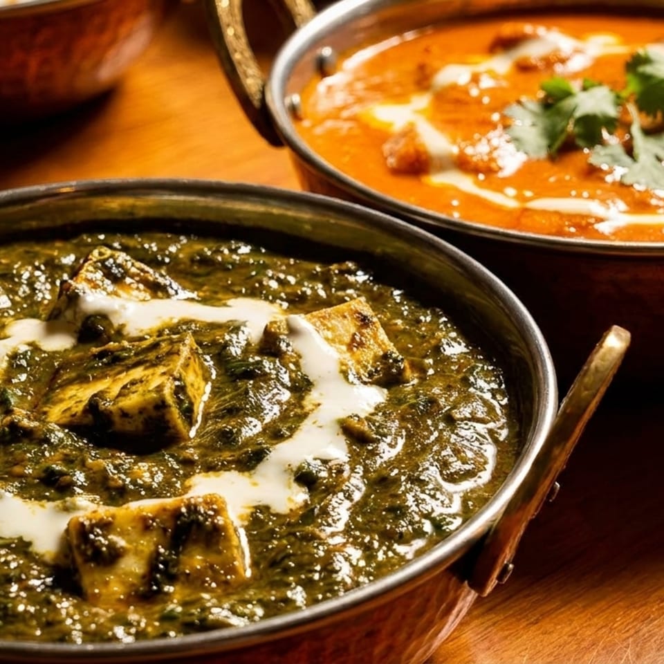 Two copper bowls of Indian curry, one green palak paneer and one orange butter chicken.