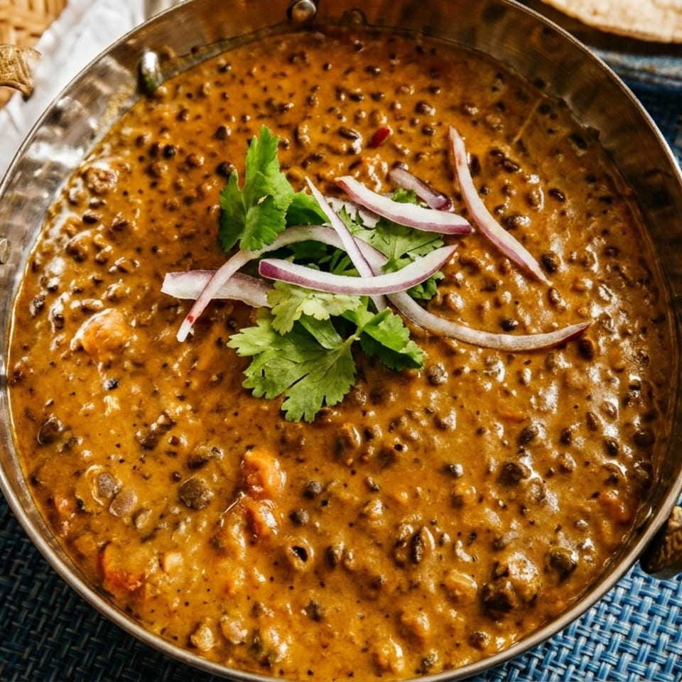 Close-up of a brass bowl filled with creamy dal makhani, garnished with red onion and cilantro.