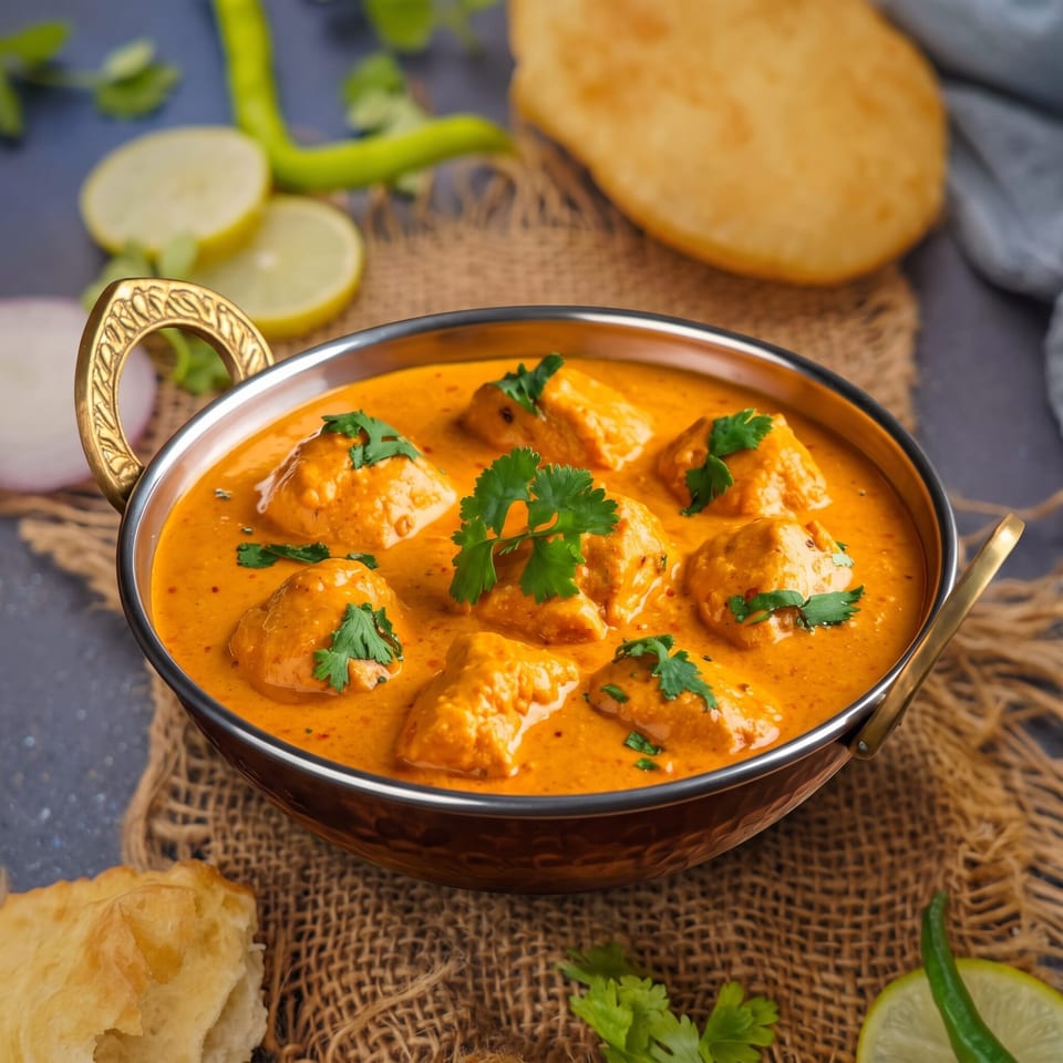Bowl of paneer dumplings in creamy orange curry, garnished with cilantro and surrounded by lime, chilies, and flatbread.