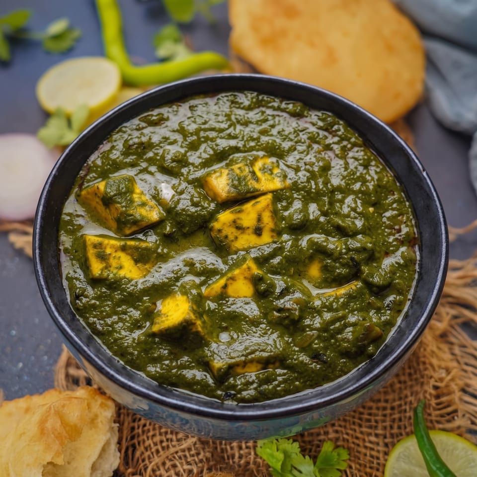 Bowl of Indian palak paneer with golden paneer cubes in creamy spinach sauce, surrounded by naan, lime, onion, and herbs.