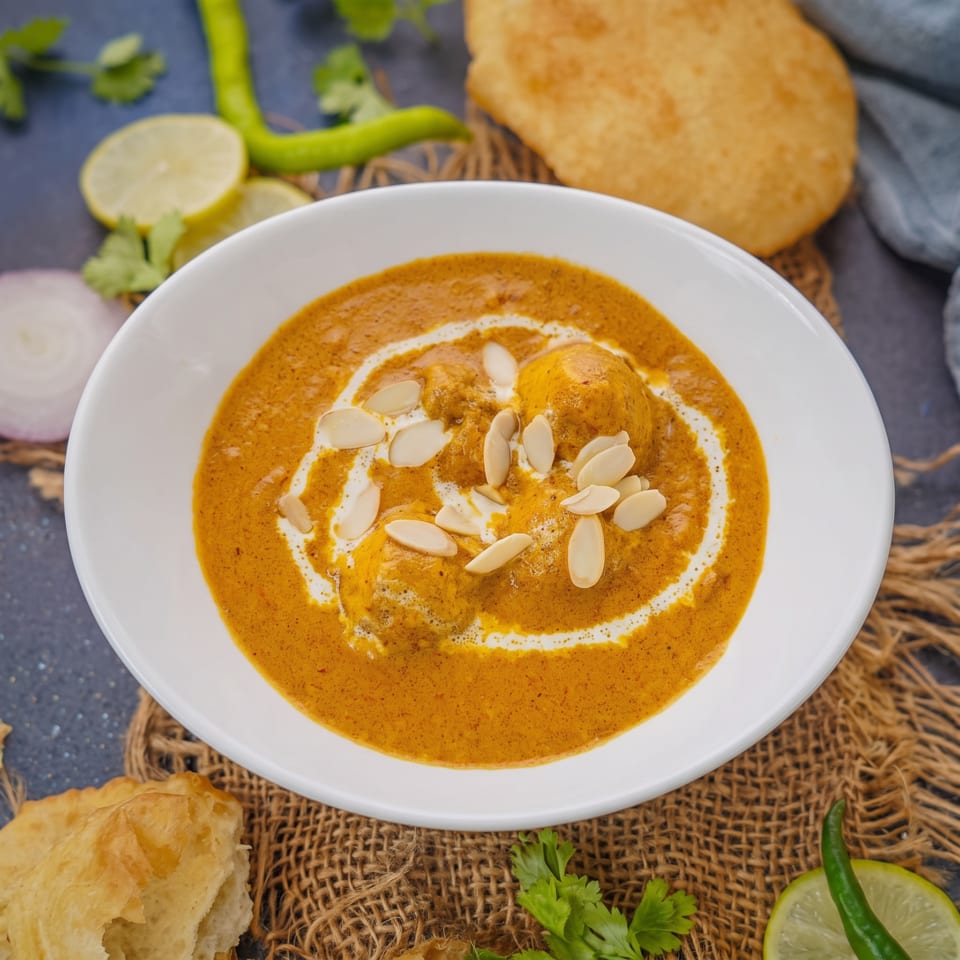 Creamy orange curry topped with sliced almonds and cream, served with flatbread, lime, chili, and cilantro.