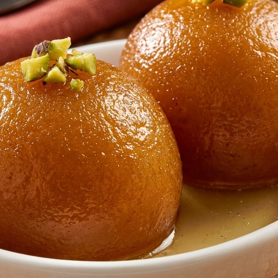 Two gulab jamun, golden-brown and glistening with syrup, in a white bowl, garnished with pistachios.