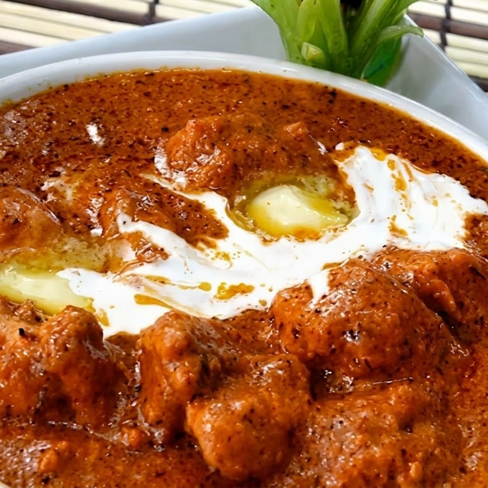 Rich orange butter chicken with white cream swirls and melted butter in a white bowl.