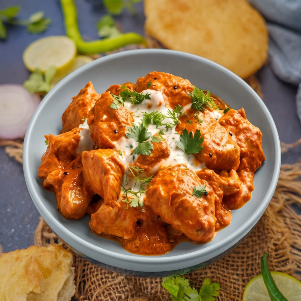 Bowl of orange-spiced chicken pieces topped with creamy yogurt and fresh herbs, surrounded by bread and sliced vegetables.