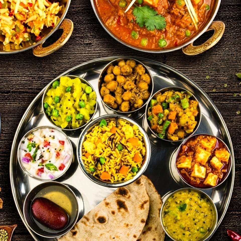 A vibrant Indian thali with various curries, rice, bread, and spices on a wooden table.
