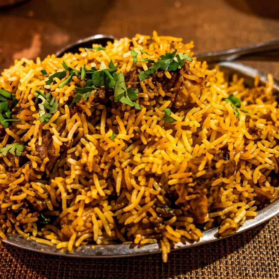 A close-up of a large serving of biryani, garnished with fresh cilantro, in a metal dish.