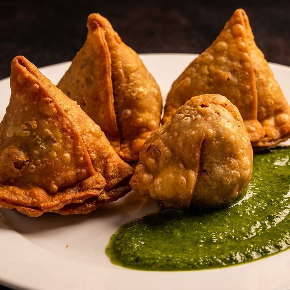 Four golden-brown samosas with a vibrant green chutney on a white plate.