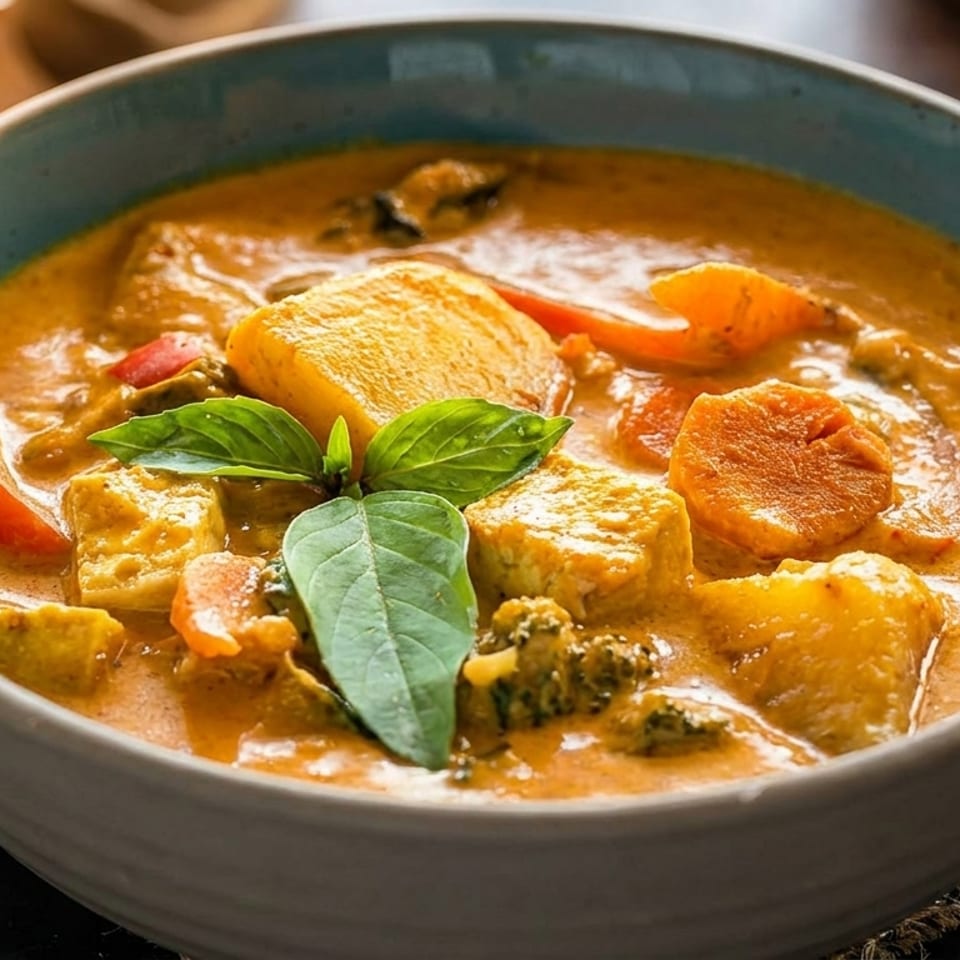Close-up of a vibrant orange curry with tofu, vegetables, and basil in a blue bowl.